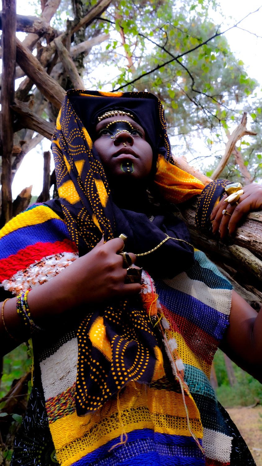 Handwoven shawl and wax-print headwrap, forest shoot